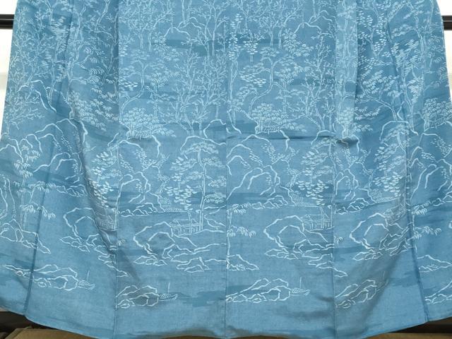 平和屋着物●訪問着　お召地　藍　型染め　風景樹林文　正絹　逸品　DABC2089ud