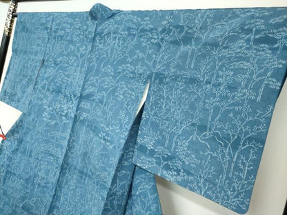 平和屋着物●訪問着　お召地　藍　型染め　風景樹林文　正絹　逸品　DABC2089ud