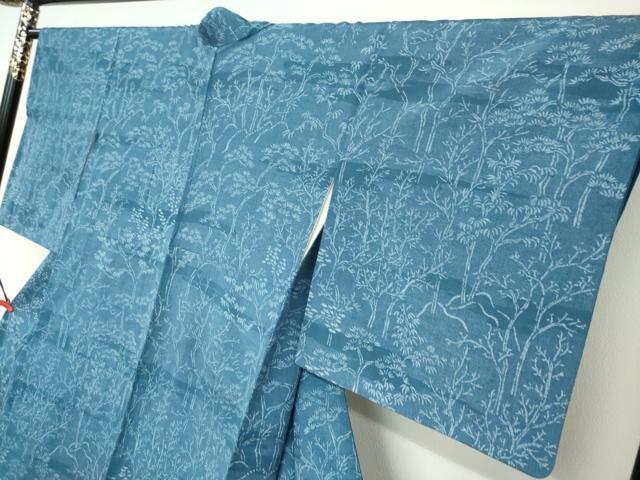平和屋着物●訪問着　お召地　藍　型染め　風景樹林文　正絹　逸品　DABC2089ud