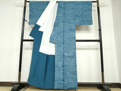 平和屋着物●訪問着　お召地　藍　型染め　風景樹林文　正絹　逸品　DABC2089ud