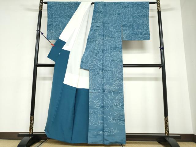 平和屋着物●訪問着　お召地　藍　型染め　風景樹林文　正絹　逸品　DABC2089ud