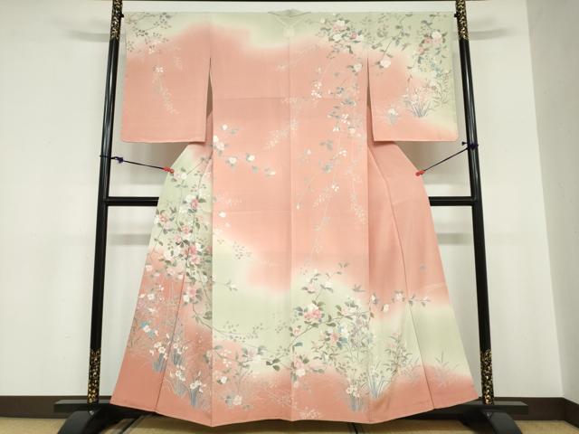 平和屋着物●訪問着　友禅　作家物　花鳥文　暈し染め　正絹　逸品　未使用　DABC2090ud
