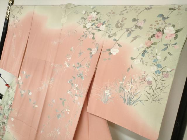 平和屋着物●訪問着　友禅　作家物　花鳥文　暈し染め　正絹　逸品　未使用　DABC2090ud
