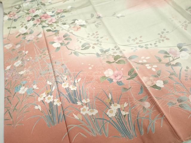 平和屋着物●訪問着　友禅　作家物　花鳥文　暈し染め　正絹　逸品　未使用　DABC2090ud