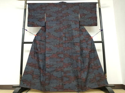 平和屋着物●本場結城紬　重要無形文化財　100亀甲　雲取り渡橋文　正絹　逸品　DABC2092ud