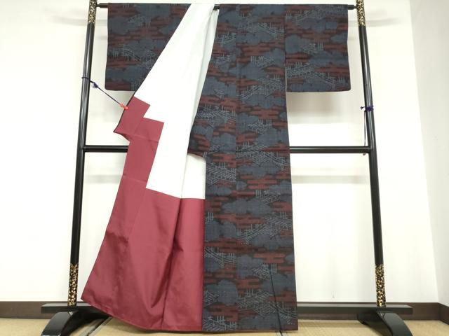 平和屋着物●本場結城紬　重要無形文化財　100亀甲　雲取り渡橋文　正絹　逸品　DABC2092ud