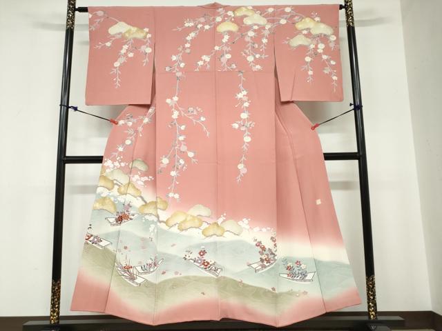 平和屋着物●訪問着　作家物　流水小舟草花文　暈し染め　金彩　正絹　逸品　DABC2109ud