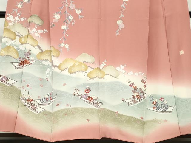 平和屋着物●訪問着　作家物　流水小舟草花文　暈し染め　金彩　正絹　逸品　DABC2109ud