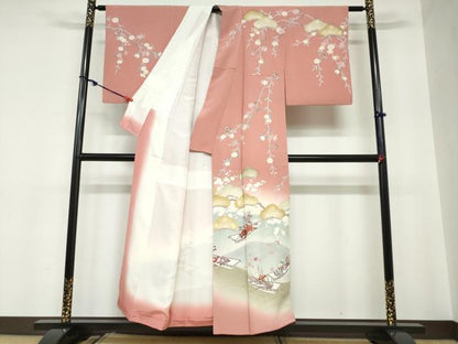 平和屋着物●訪問着　作家物　流水小舟草花文　暈し染め　金彩　正絹　逸品　DABC2109ud