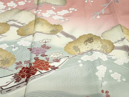平和屋着物●訪問着　作家物　流水小舟草花文　暈し染め　金彩　正絹　逸品　DABC2109ud