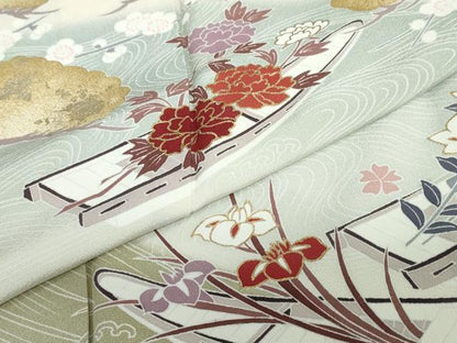 平和屋着物●訪問着　作家物　流水小舟草花文　暈し染め　金彩　正絹　逸品　DABC2109ud
