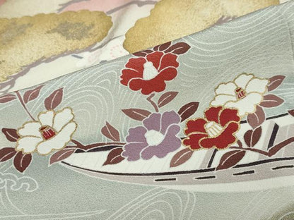 平和屋着物●訪問着　作家物　流水小舟草花文　暈し染め　金彩　正絹　逸品　DABC2109ud