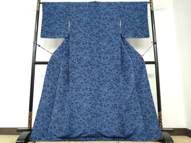 平和屋着物●上質な小紋　本藍　型絵染め　流水草花文　正絹　逸品　未使用　DABC2112ud