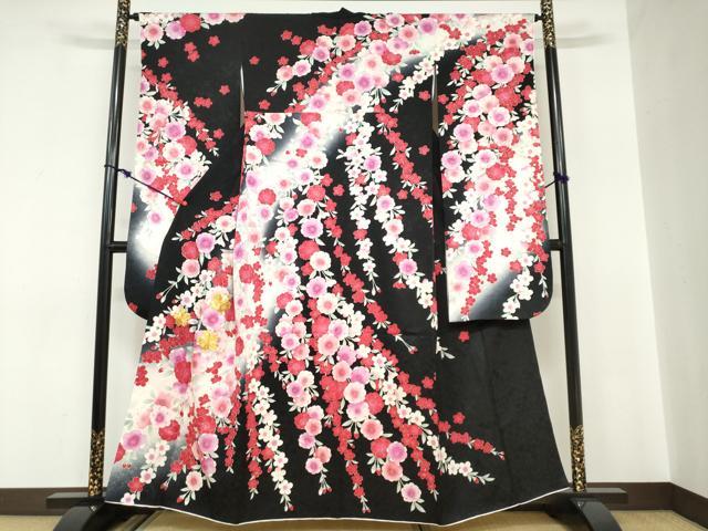 平和屋着物●豪華振袖 駒刺繍 草花文 黒地 金彩 正絹 逸品 DABC2114ud