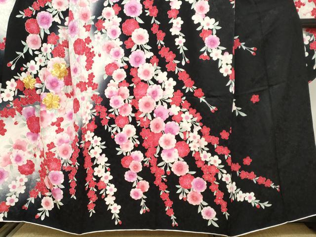 平和屋着物●豪華振袖 駒刺繍 草花文 黒地 金彩 正絹 逸品 DABC2114ud