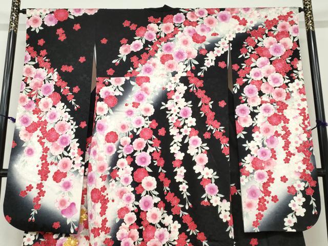 平和屋着物●豪華振袖 駒刺繍 草花文 黒地 金彩 正絹 逸品 DABC2114ud