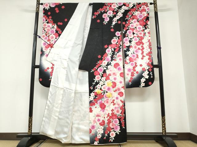 平和屋着物●豪華振袖 駒刺繍 草花文 黒地 金彩 正絹 逸品 DABC2114ud