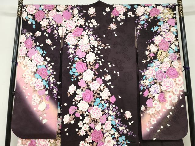 平和屋着物●豪華振袖 刺繍 ラインストーン 草花文 暈し染め 金彩 正絹 逸品 DABC2117ud