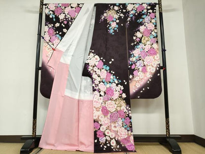 平和屋着物●豪華振袖 刺繍 ラインストーン 草花文 暈し染め 金彩 正絹 逸品 DABC2117ud