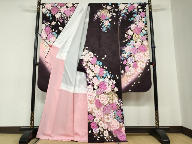 平和屋着物●豪華振袖 刺繍 ラインストーン 草花文 暈し染め 金彩 正絹 逸品 DABC2117ud