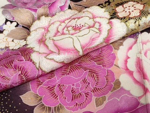 平和屋着物●豪華振袖 刺繍 ラインストーン 草花文 暈し染め 金彩 正絹 逸品 DABC2117ud