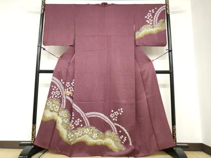 平和屋着物●訪問着　駒刺繍　絞り　流水草花文　金銀彩　正絹　逸品　DABC2120ud