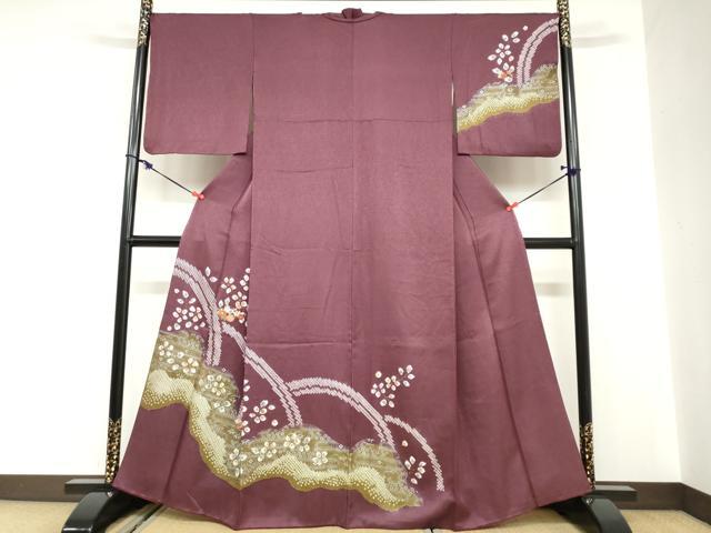 平和屋着物●訪問着　駒刺繍　絞り　流水草花文　金銀彩　正絹　逸品　DABC2120ud