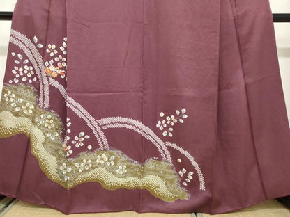 平和屋着物●訪問着　駒刺繍　絞り　流水草花文　金銀彩　正絹　逸品　DABC2120ud