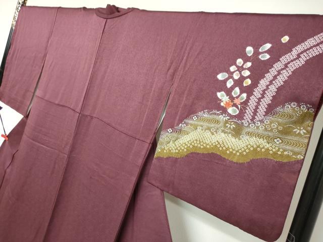 平和屋着物●訪問着　駒刺繍　絞り　流水草花文　金銀彩　正絹　逸品　DABC2120ud