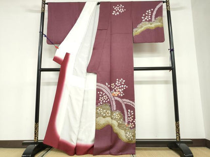 平和屋着物●訪問着　駒刺繍　絞り　流水草花文　金銀彩　正絹　逸品　DABC2120ud