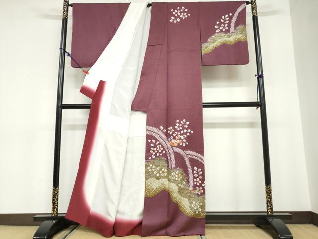 平和屋着物●訪問着　駒刺繍　絞り　流水草花文　金銀彩　正絹　逸品　DABC2120ud
