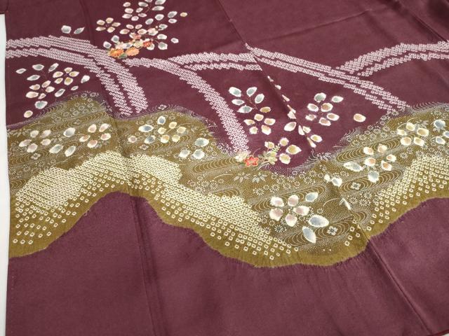 平和屋着物●訪問着　駒刺繍　絞り　流水草花文　金銀彩　正絹　逸品　DABC2120ud