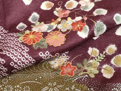 平和屋着物●訪問着　駒刺繍　絞り　流水草花文　金銀彩　正絹　逸品　DABC2120ud