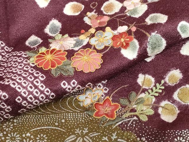 平和屋着物●訪問着　駒刺繍　絞り　流水草花文　金銀彩　正絹　逸品　DABC2120ud