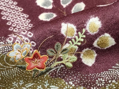 平和屋着物●訪問着　駒刺繍　絞り　流水草花文　金銀彩　正絹　逸品　DABC2120ud