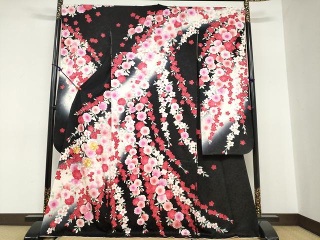 平和屋着物●豪華振袖 駒刺繍 草花文 黒地 金彩 正絹 逸品 DABC2122ud