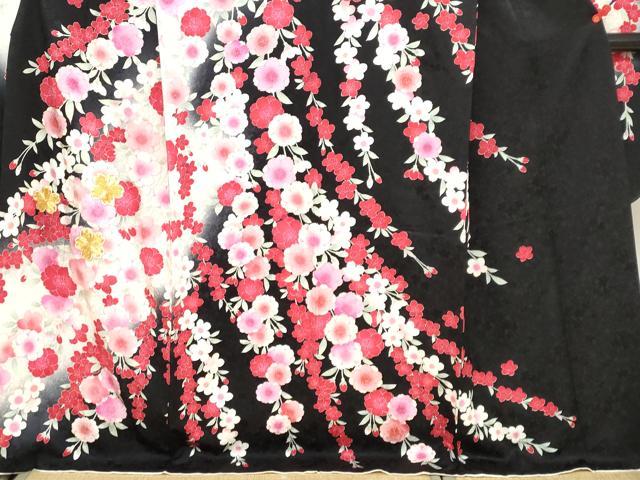 平和屋着物●豪華振袖 駒刺繍 草花文 黒地 金彩 正絹 逸品 DABC2122ud