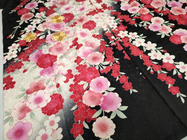 平和屋着物●豪華振袖 駒刺繍 草花文 黒地 金彩 正絹 逸品 DABC2122ud