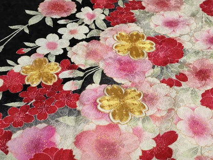平和屋着物●豪華振袖 駒刺繍 草花文 黒地 金彩 正絹 逸品 DABC2122ud