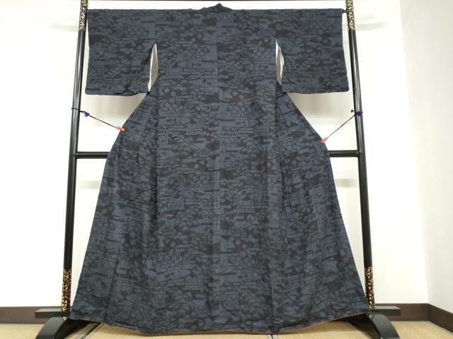 平和屋着物●本場結城紬　重要無形文化財　100亀甲　風景草花文　正絹　逸品　DABC2127ud