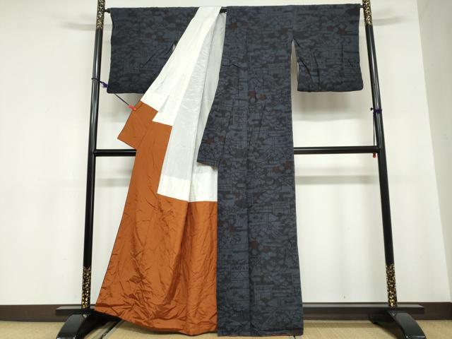 平和屋着物●本場結城紬　重要無形文化財　100亀甲　風景草花文　正絹　逸品　DABC2127ud