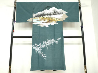 平和屋着物●男性　京師　広重画　長襦袢　無双仕立て　人物風景文　洗える着物　未使用　DABC2135ud