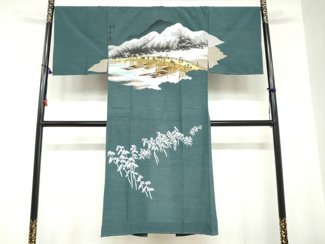 平和屋着物●男性　京師　広重画　長襦袢　無双仕立て　人物風景文　洗える着物　未使用　DABC2135ud