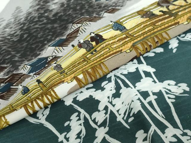 平和屋着物●男性　京師　広重画　長襦袢　無双仕立て　人物風景文　洗える着物　未使用　DABC2135ud