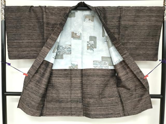平和屋着物●男性　紬　アンサンブル　長羽織　霞文　正絹　逸品　DABC2140ud