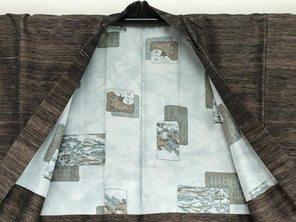 平和屋着物●男性　紬　アンサンブル　長羽織　霞文　正絹　逸品　DABC2140ud