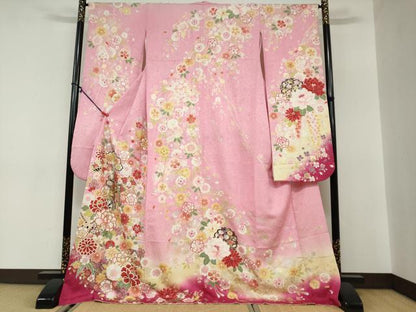 平和屋着物●豪華振袖　御所車草花文　暈し染め　金銀彩　ロング丈　正絹　逸品　DABC2154ud