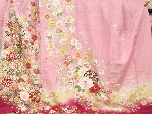 平和屋着物●豪華振袖　御所車草花文　暈し染め　金銀彩　ロング丈　正絹　逸品　DABC2154ud