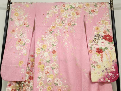 平和屋着物●豪華振袖　御所車草花文　暈し染め　金銀彩　ロング丈　正絹　逸品　DABC2154ud