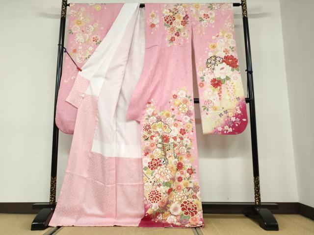 平和屋着物●豪華振袖　御所車草花文　暈し染め　金銀彩　ロング丈　正絹　逸品　DABC2154ud